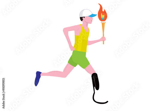 トーチを持って走る義足のランナー。