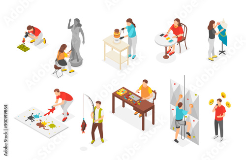 Isometric hobby. People sewing planting painting fishing baking. Young men women, artists photographer and fashion designer, flawless vector set