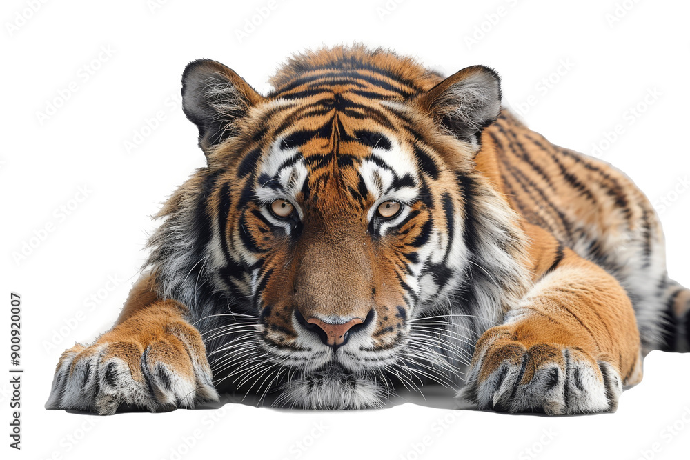 Naklejka premium Majestic Tiger Lying Gracefully on White Background Captured in Stunning Detail