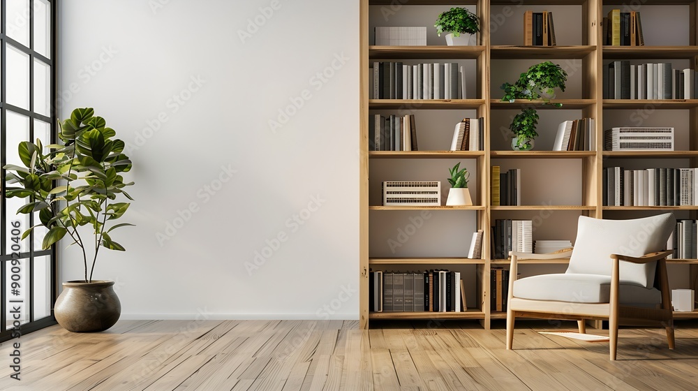 Bookcase with armchair in modern interior of room : Generative AI Bookcase with armchair in modern interior of room : Generative AI