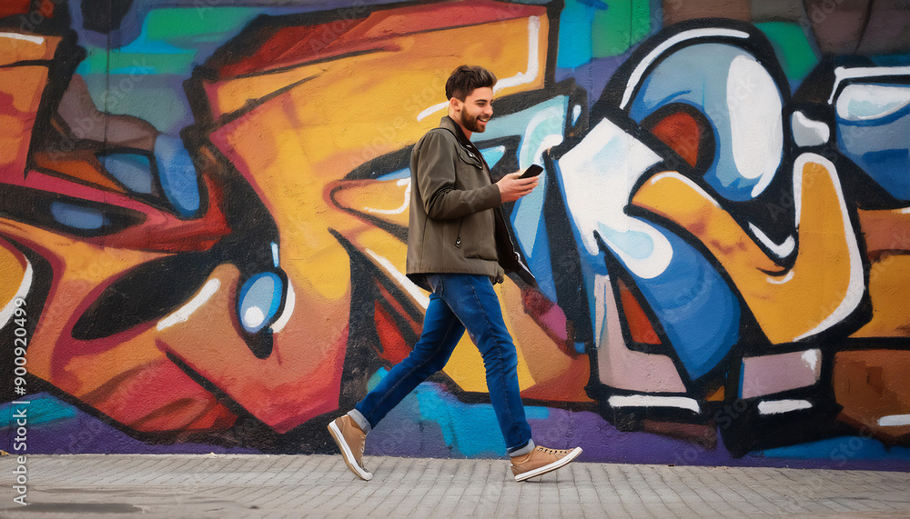 Obraz premium Male walking, looking at his cell phone colorful background