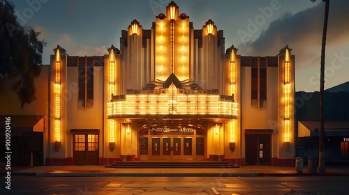 Art Deco Movie Theater Illuminated at Night