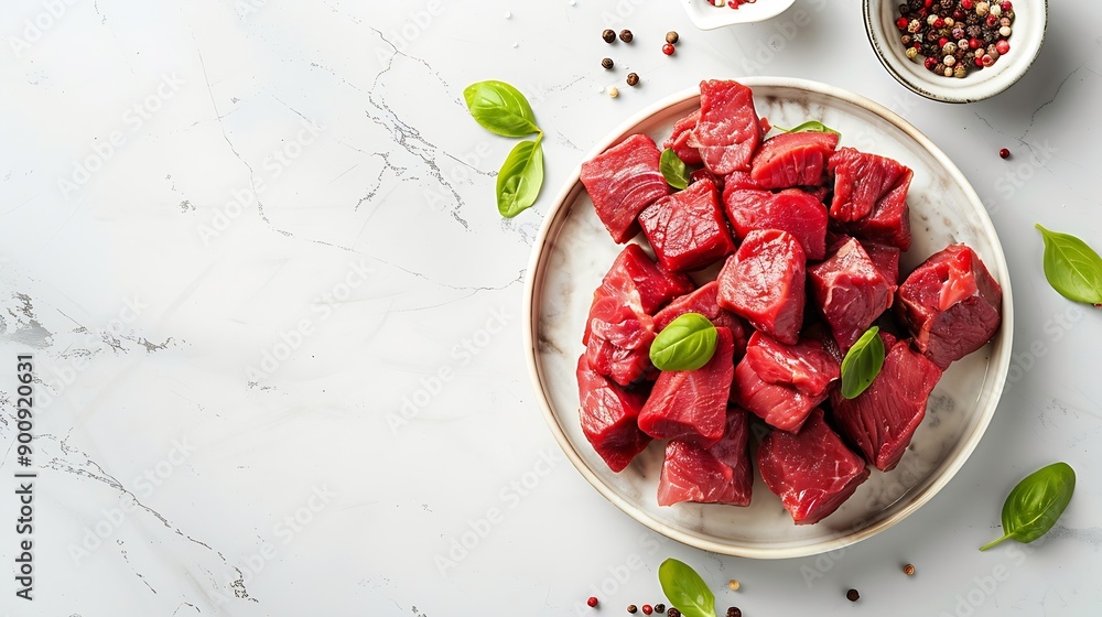 Raw diced red beef meat for Goulash on marble board Isolated on white background : Generative AI Raw diced red beef meat for Goulash on marble board Isolated on white background : Generative AI