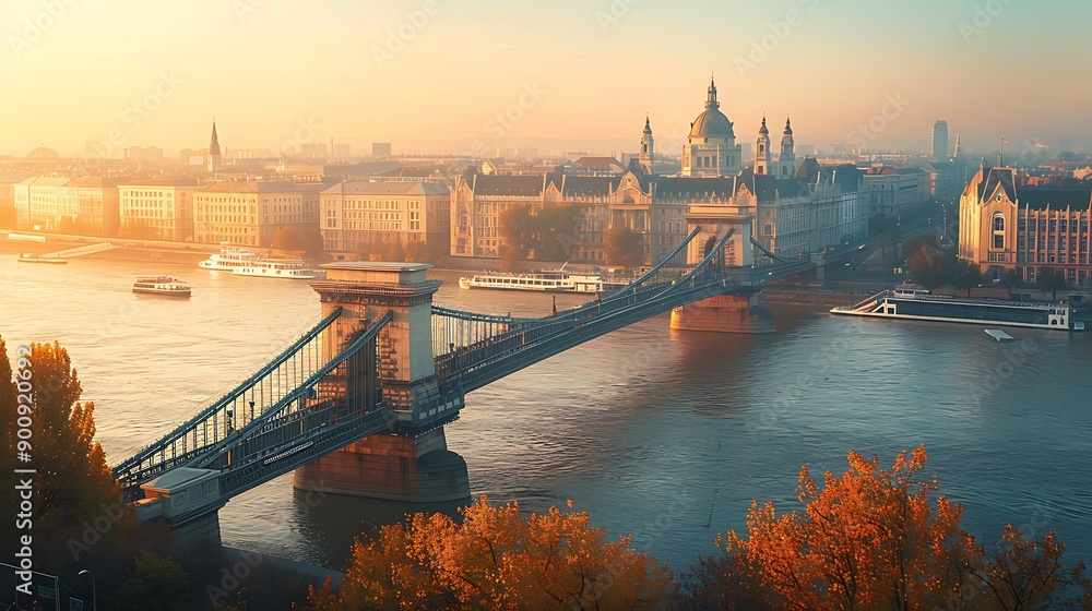 Obraz premium Chain Bridge Over the Danube at Sunrise