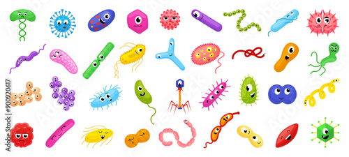 Bacteria characters. Cute microbes viruses bacterias. Cartoon medicine and chemistry funny emotional elements. Science for children, neoteric vector icons