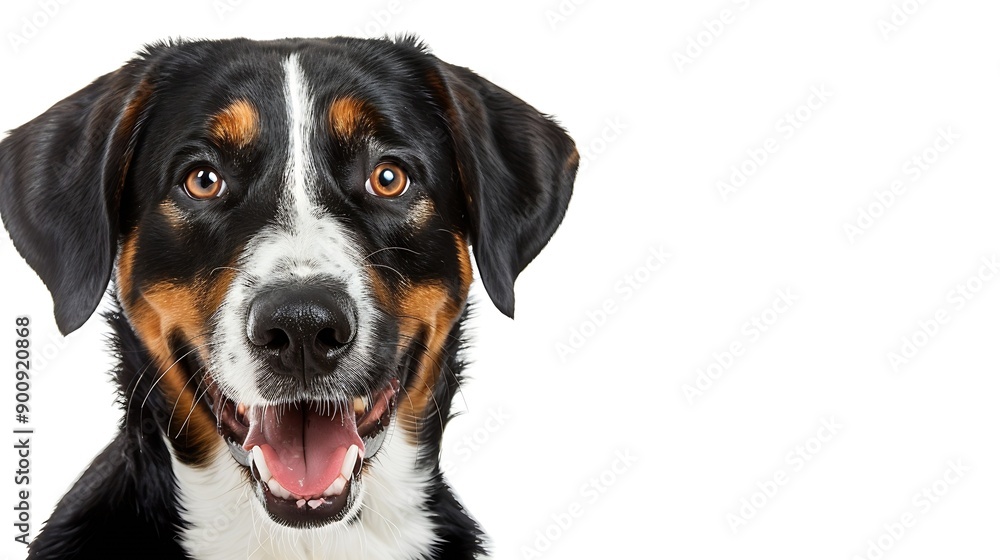 Head shot of a Happy tricolor Mongrel dog looking at the camera isolated on white : Generative AI Head shot of a Happy tricolor Mongrel dog looking at the camera isolated on white : Generative AI
