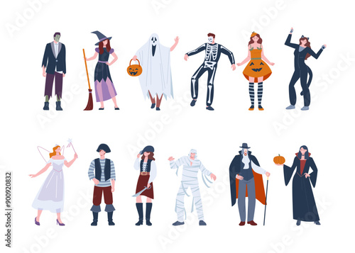 Halloween people. Teenagers wear spooky costumes for party or festival. Happy adults on creepy carnival, ghost witch zombie kicky vector characters
