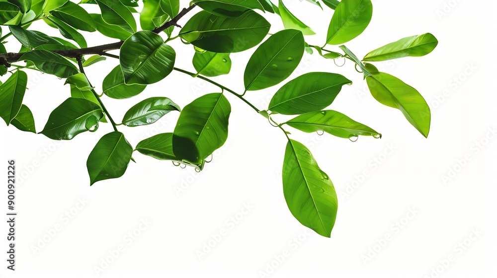 Fototapeta premium Green leaves branch with drop isolated on white background with clipping path : Generative AI