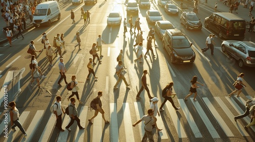 A busy city street with a large crowd of people walking across a crosswalk