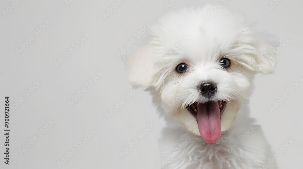 portrait of beautiful bichon puppy with fluffy fur sticking out tongue and looking forward in front of white background in studio : Generative AI portrait of beautiful bichon puppy with fluffy fur sticking out tongue and looking forward in front of white background in studio : Generative AI