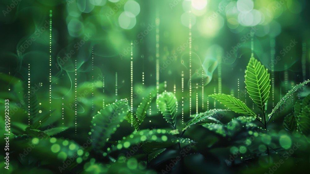 Obraz premium Lush Green Forest with Digital Data Overlay Representing Technology and Nature Integration