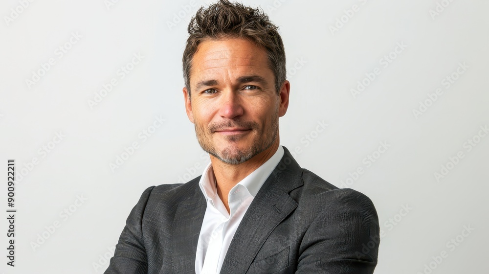 Confident Businessman in Gray Suit with Arms Crossed Against White Background Confident Businessman in Gray Suit with Arms Crossed Against White Background