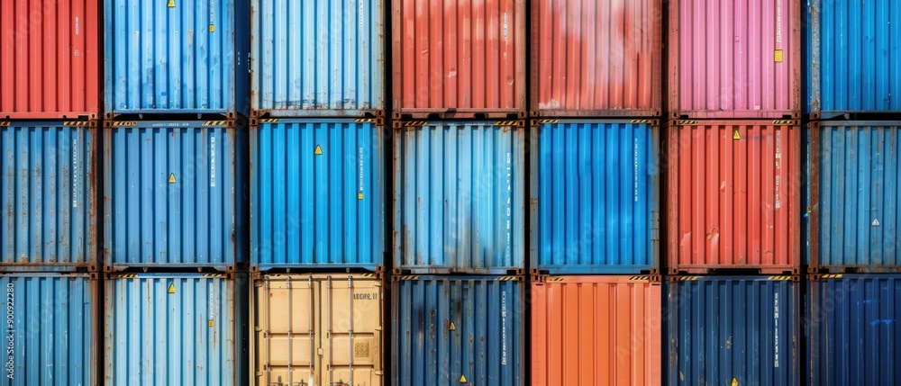 Stacked shipping containers at a port, global trade activities, efficient logistics infrastructure Stacked shipping containers at a port, global trade activities, efficient logistics infrastructure