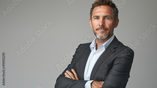 Confident Businessman in Suit with Arms Crossed Against Neutral Background