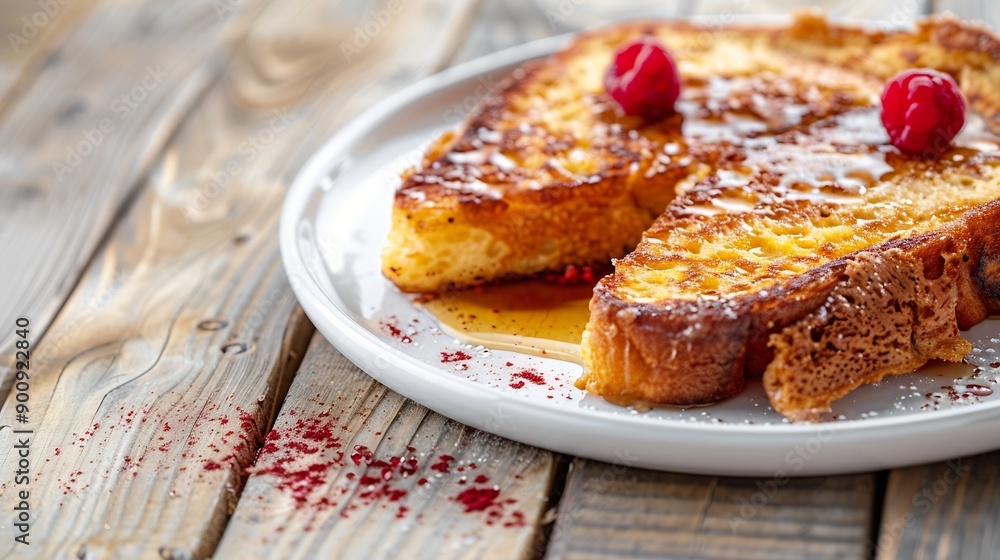 Crunchy French Toast with rasberry in a white plate on a wooden background Close up : Generative AI Crunchy French Toast with rasberry in a white plate on a wooden background Close up : Generative AI