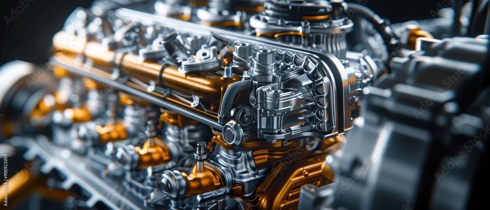 Detailed view of car engine and transmission system, showcasing intricate engineering and mechanical parts Detailed view of car engine and transmission system, showcasing intricate engineering and mechanical parts
