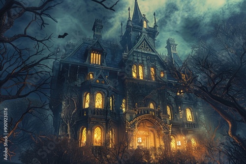 Gothic mansion with glowing windows and eerie atmosphere at night. Haunted house. halloween