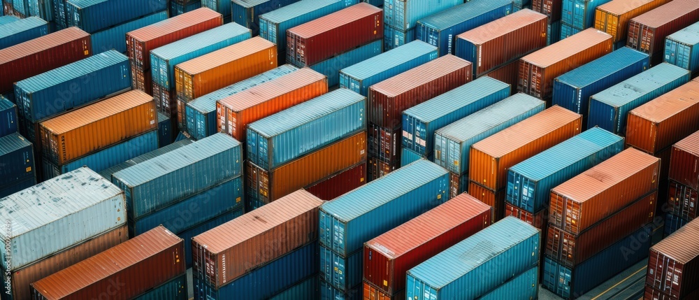 Containers piled high at a shipping port, bustling global trade environment, advanced logistics infrastructure Containers piled high at a shipping port, bustling global trade environment, advanced logistics infrastructure