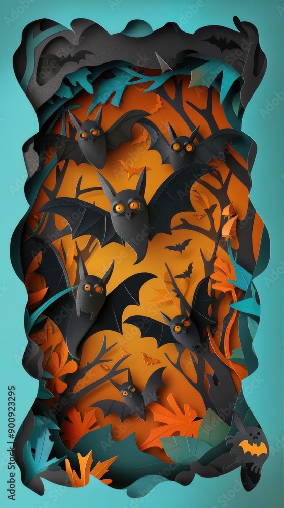 Dark paper bats with glowing eyes flying through a spooky forest under a full moon, featuring vibrant orange and blue colors for a Halloween-themed paper art scene. Dark paper bats with glowing eyes flying through a spooky forest under a full moon, featuring vibrant orange and blue colors for a Halloween-themed paper art scene.