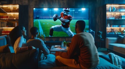 Live stream game Group of friends sitting in front of huge 3D model of TV screen at home interior and watching online broadcast of american football match Presence effect : Generative AI