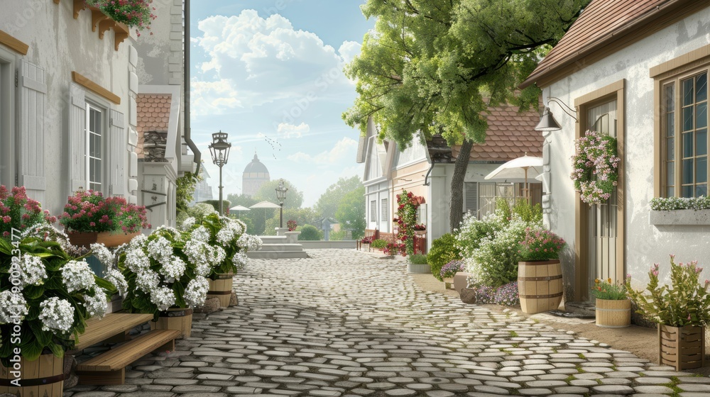 Fototapeta premium Charming cobblestone street lined with quaint shops, surrounded by picturesque European architecture, serene village vibe