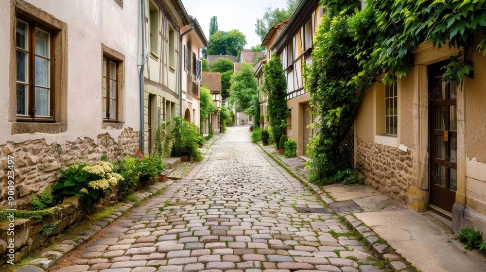 Charming cobblestone street lined with quaint shops, surrounded by picturesque European architecture, serene village vibe Charming cobblestone street lined with quaint shops, surrounded by picturesque European architecture, serene village vibe