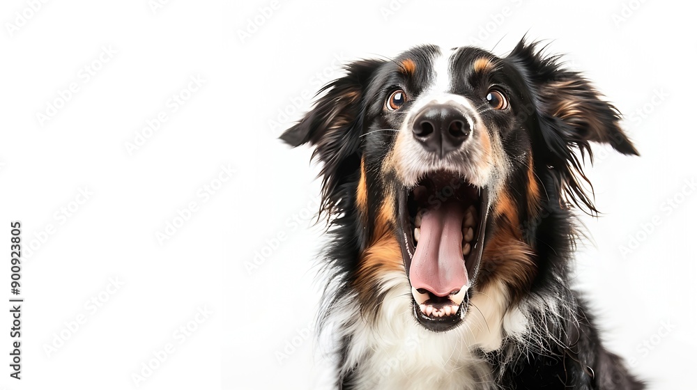 Black Tricolor Australian Shepherd panting mouth open and looking at the camera isolated on white : Generative AI Black Tricolor Australian Shepherd panting mouth open and looking at the camera isolated on white : Generative AI