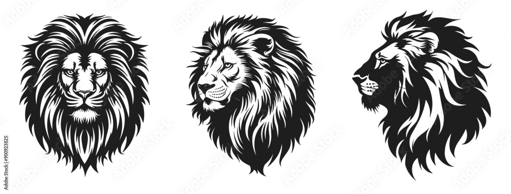 Black and white lion head set. Front view. Side view. Closed mouth. Wild feline preditor logo. Majestic royal safari animal. Isolated vecor clipart on white background Black and white lion head set. Front view. Side view. Closed mouth. Wild feline preditor logo. Majestic royal safari animal. Isolated vecor clipart on white background