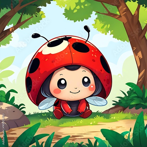 Smiling ladybug with black spots on green grass suitable for naturerelated designs, childrens books, educational materials, and insectthemed projects. photo