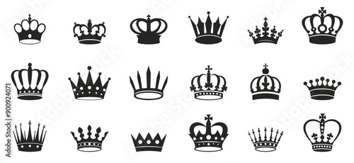 Black crown silhouettes set. Princess tiara diadem prince crown king queen privilege symbol. Royal crowns vector icon clipart collection