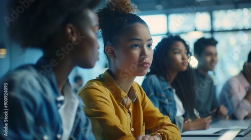 Diverse Multiethnic Group of Female and Male Students Sitting Together in Infographics Room Collaborating on a College Project Young Scholars Talking Study Software Development or Comp : Generative AI