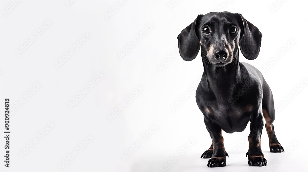 Black dachshund dog standing alert and looking at the camera on a white background : Generative AI Black dachshund dog standing alert and looking at the camera on a white background : Generative AI