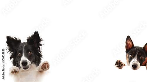 Banner two pets border collie dog and cat hanging its paws in a blank Isolated on white background : Generative AI