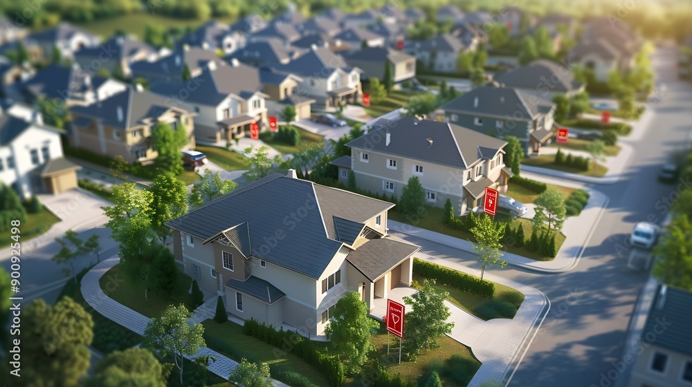 Aerial of a neighborhood with sold signs over several houses Top down shot above modern American housing development with hot real estate market 3D render : Generative AI Aerial of a neighborhood with sold signs over several houses Top down shot above modern American housing development with hot real estate market 3D render : Generative AI