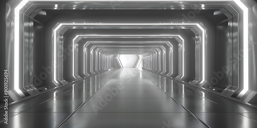 Sci fi corridor neon light tunnel with glowing neon lights on empty space