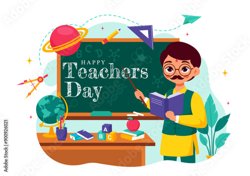 Happy Teachers Day in India Vector Illustration featuring Teacher Wearing Traditional Clothes and School Equipment in a Flat Cartoon Background