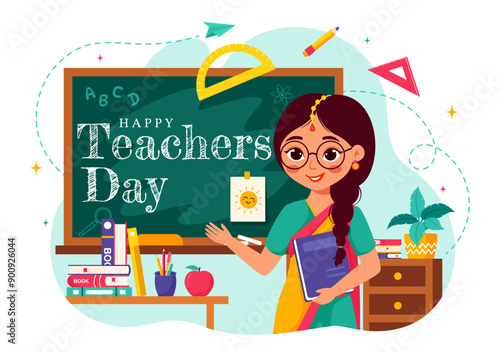 Happy Teachers Day in India Vector Illustration featuring Teacher Wearing Traditional Clothes and School Equipment in a Flat Cartoon Background