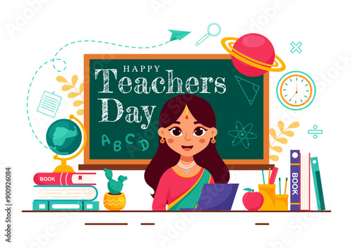 Happy Teachers Day in India Vector Illustration featuring Teacher Wearing Traditional Clothes and School Equipment in a Flat Cartoon Background