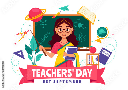 Happy Teachers Day in India Vector Illustration featuring Teacher Wearing Traditional Clothes and School Equipment in a Flat Cartoon Background