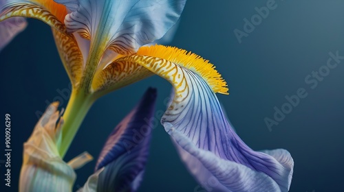 Macro photograph of a beardless iris as the petals and sepals begin to unfurl from the bud stage : Generative AI