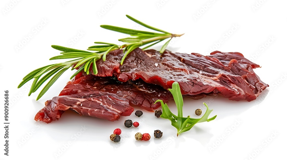 Piece of delicious beef jerky isolated on white : Generative AI Piece of delicious beef jerky isolated on white : Generative AI
