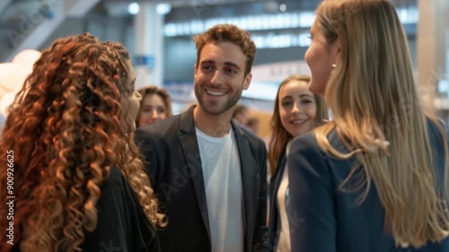 A dynamic still shot captures a businessman amidst a group of businesswomen at an exhibition, with all models frozen in motion, creating a dramatic and powerful scene.