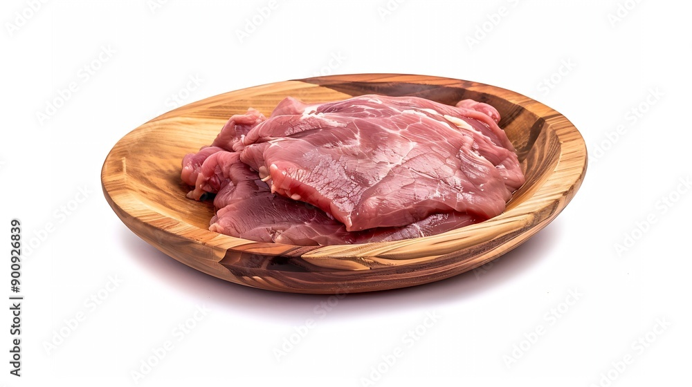 Fresh Chicken thigh meat Raw Boneless and skinless fillet in a wooden plate Isolated on white background : Generative AI Fresh Chicken thigh meat Raw Boneless and skinless fillet in a wooden plate Isolated on white background : Generative AI