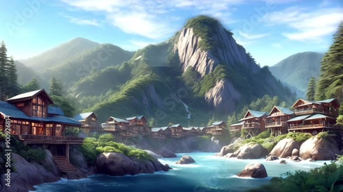 Tropical beach with wooden villas in the mountains