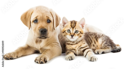 Wallpaper Mural Adorable Labrador puppy and funny kitten Scottish Straight sitting together isolated on white background : Generative AI Torontodigital.ca