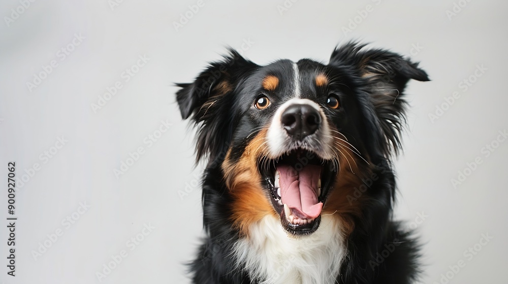 Black Tricolor Australian Shepherd panting mouth open and looking at the camera isolated on white : Generative AI Black Tricolor Australian Shepherd panting mouth open and looking at the camera isolated on white : Generative AI
