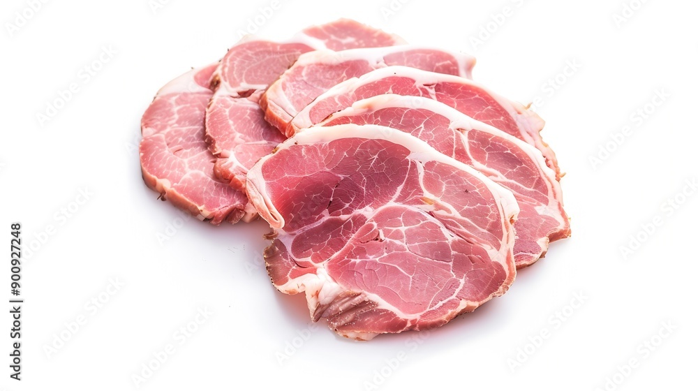 Pork ham slices on a white isolated background toning : Generative AI Pork ham slices on a white isolated background toning : Generative AI