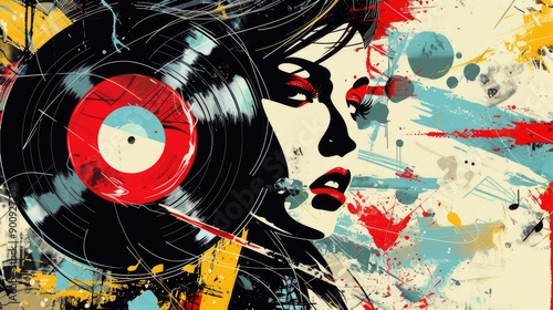 Pop Art Style Portrait of Woman with Vinyl Record