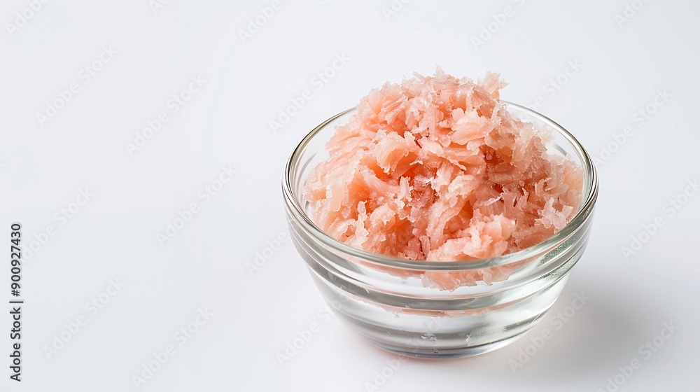The refined fish floss or shredded fish Made from tuna fish Served on a small glass bowl and isolated on a white background : Generative AI The refined fish floss or shredded fish Made from tuna fish Served on a small glass bowl and isolated on a white background : Generative AI
