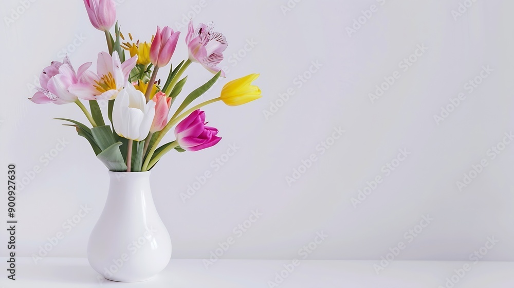 Elegant mixed pastel colored spring bouquet in white vase on white background Spring flowers Tulips bouquet : Generative AI Elegant mixed pastel colored spring bouquet in white vase on white background Spring flowers Tulips bouquet : Generative AI